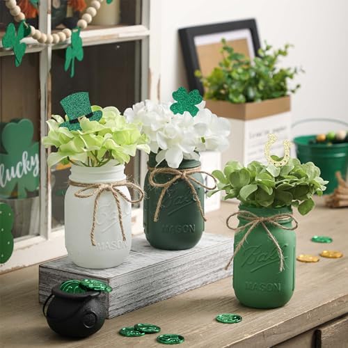 St Patricks Day Mason Jar Decorations, Green Mason Jar Centerpiece for Table with Wood Tray & Flowers, Set of 3 Decorative Jars for St Patrick Green Table Decor, Spring Decor - Image 3