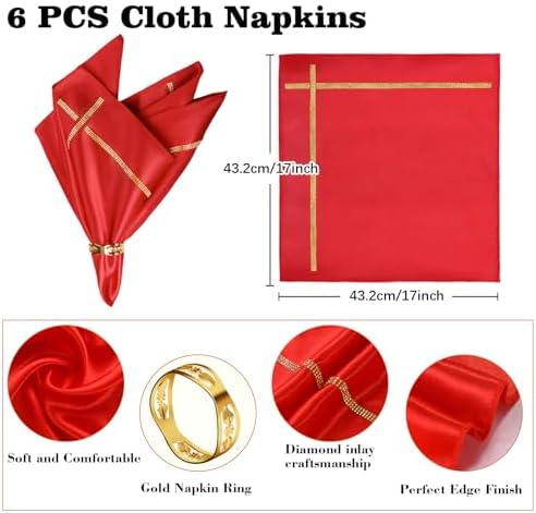 VIJIV 12 Pack Bling Satin Cloth Napkins & Gold Napkin Rings Set of 6 Red - Image 4