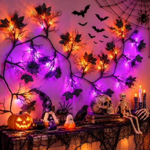 9 Ft 66 LED Willow Vine Twig Decor Black Halloween Garland with Orange Purple Lights, Timer 8 Modes Waterproof Battery Operated Indoor Halloween Decorations for Wall Fireplace Mantle Home Office Decor - Image 4