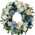 22" Spring Flower Wreath for Front Door Summer Wreaths with Sunflowers Roses Gardenias, Artificial Floral Green Foliage Wreath for Wall Window Farmhouse Party Holiday Home Decor（White Blue） by idyllic