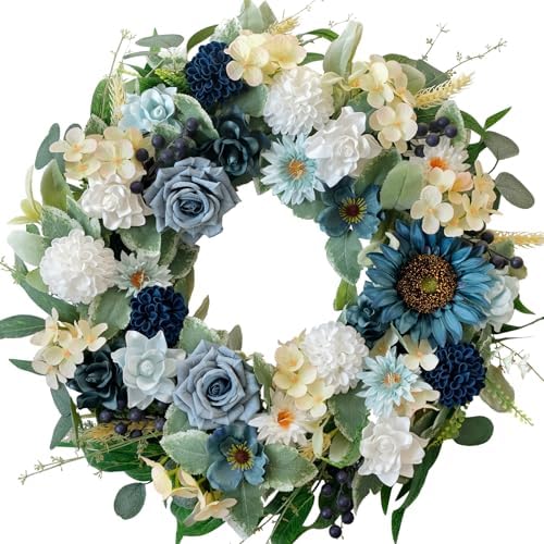 22" Spring Flower Wreath for Front Door Summer Wreaths with Sunflowers Roses Gardenias, Artificial Floral Green Foliage Wreath for Wall Window Farmhouse Party Holiday Home Decor（White Blue） by idyllic