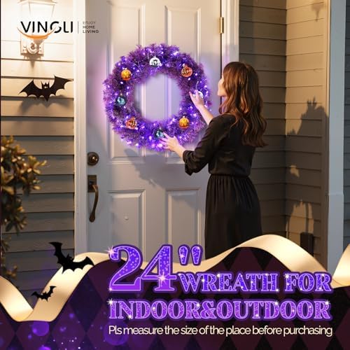 VINGLI 24" Purple Christmas Wreath with Battery LED Lights, Colorful Decor - Image 7