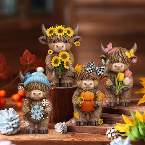 Simgoing 4 Pcs Seasonal Highland Cow Figurines, Spring Summer Fall Winter Gnomes 4 Seasons Highland Cow Home Decor Table Centerpieces Scottish Resin Statue Calf Gifts for Home Garden Kitchen Office - Image 3