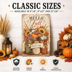 Decorative Tin Sign Vintage Metal Tin Sign Hello Fall Sunflowers Pumpkins Mason Jars Autumn Welcome Wall Decor for Farmhouse Kitchen Entryway 12×16 Inches with Metal Frame - Image 2