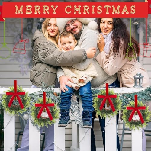 6 Pcs Christmas Deep Red Pine Needle Wreath Bulk Artificial 10 Inch Green Leaves for Front Door Cabinets Wreath Indoor Outdoor Wall Decor Christmas Wall Home Kitchen Decoration - Image 7
