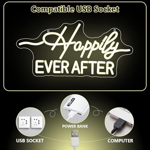 Happily Ever After LED Neon Light Sign, Wedding Neon Lights for Bachelorette Bridal Engagement Party Decoration Bridal Shower Wall Decor Valentine's Day Night Light Dimmable USB Powered(16.9"*7.9") - Image 5