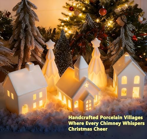 Christmas Village Set, 5-Piece Ceramic Houses and Pine Trees, Xmas Decor - Image 2