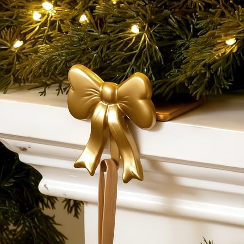 MorningRo 4 Pcs Bow Christmas Stocking Holder Brass Stocking Hangers Handmade Wrought Iron Xmas Bow Decoration for Fireplace Shelf Staircases Party Decoration Christmas Mantel Decor by MorningRo