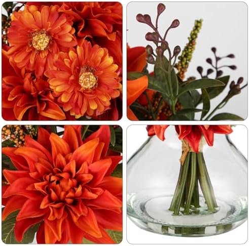 Briful Faux Fall Flowers in Vase, Artificial Dahlia & Mum Silk Floral Arrangement with Clear Glass Vase Fake Autumn Flowers Bouquet for Home Office Dining Room Table Centerpiece Decoration - Image 3