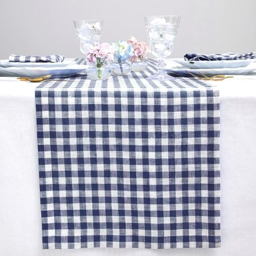 Solino Home 100% Pure Linen Table Runner Navy, Gingham Check 14 x 108 in by SolinoHome