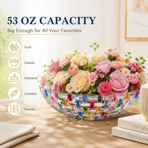 Tlence 2 Pack Colorful Crystal Glass Fruit Bowl for Kitchen Counter, 10" Hand Painted Woven Art Decorative Bowl, Centerpiece Display Serving Bowl Candy Dish for Salad Dessert, Home Decor - Image 7