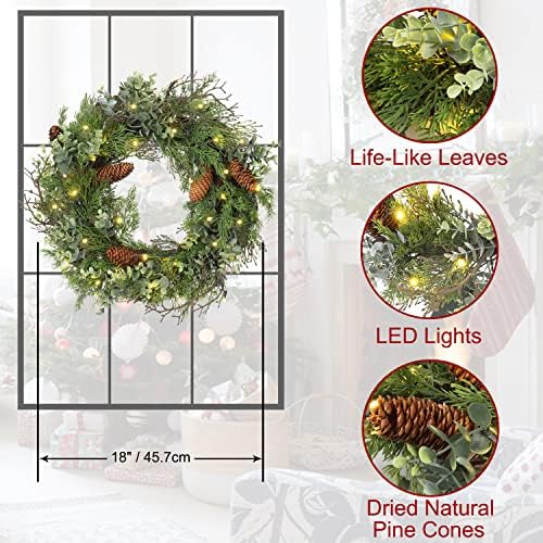 Pre Lit Christmas Wreath for Front Door Green Wreath Decorated with Pine Cones,Berry Clusters, Abundant Fit Branches 18” Lighted Christmas Wreaths for Windows Winter Wreath Hanging Wall Decor - Image 3