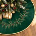 Christmas Tree Skirt Embroidered Holly Leaves, 48" Green Velvet Home Decor by Unknown
