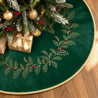 Christmas Tree Skirt Embroidered Holly Leaves, 48" Green Velvet Home Decor by Unknown