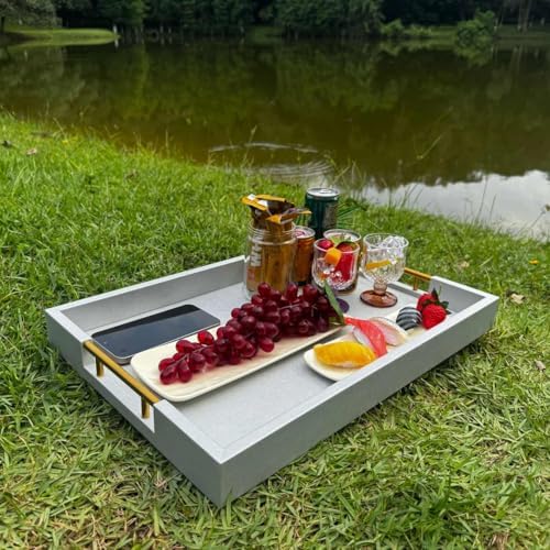 14x20 Inches Silver Faux Leather Wrapped Wood Serving Tray with Metal Handles for Various Occasions, Ottoman, Home Decor Decorative, Living Room, Coffee Table Organizer, Serving Breakfast On Bed - Image 5