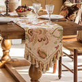 Floral Embroidered Table Runner 90 Inches Non-Slip Tassels, Ivory by keemir