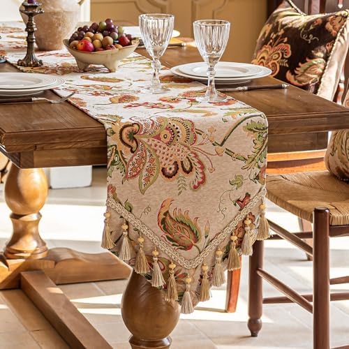 Floral Embroidered Table Runner 90 Inches Non-Slip Tassels, Ivory by keemir