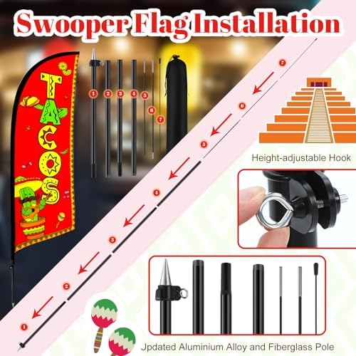 HunnmingRe 2 Set Tacos Feather Flag Kit, 8ft Advertising Swooper Flag Banner with Pole and Ground Stake for Business Restaurant Advertising Banner for Outside Ground - Image 3