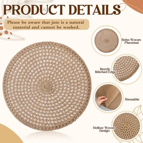 6 Pack 15" Round Jute Placemats with 72" Boho Macrame Table Runner Set, Natural Burlap Woven Braided Farmhouse Rustic Kitchen Dining Table Decor for Wedding Party - Image 4