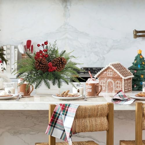 Christmas Centerpieces Table Decorations 10" Small Artificial Potted Christmas Tree Norfolk Pine Plants with Red Berry Pine Cones in Wooden Pot for Home Winter Xmas Mantel Farmhouse Indoor Decor - Image 4