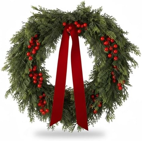 Suncalla 24'' Artificial Cedar Wreath for Front Door Christmas Wreaths Faux Cedar Decorated with Berry and Ribbons Xmas Wreath for Indoor Window Holiday Decor by Unknown