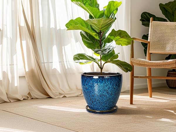 10 Inch Ceramic Planter Pot Round Plant Pot for Indoor Plants Outdoor Large Flower Pot with Drainage Hole and Saucer Blue - Image 5