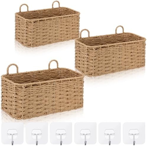 3 Pcs Wall Hanging Baskets,Rectangle,Natural Tan,Paper Cord by Ferrochef
