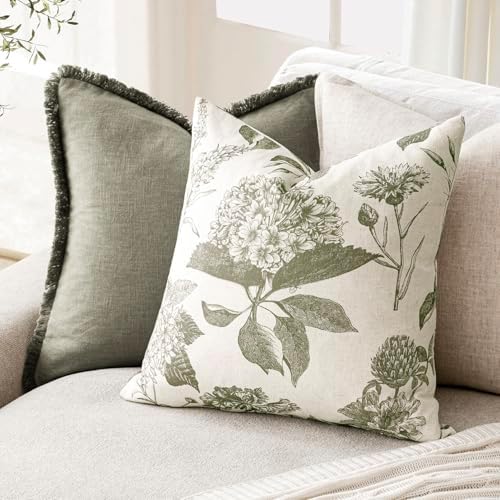 Foindtower Set of 2 Linen Floral Throw Pillow Covers Neutral Vintage Print Decorative Cushion Covers Farmhouse Boho Home Decor for Sofa Chair Couch Bedroom Living Room,22×22 Inch,Sage Green - Image 4