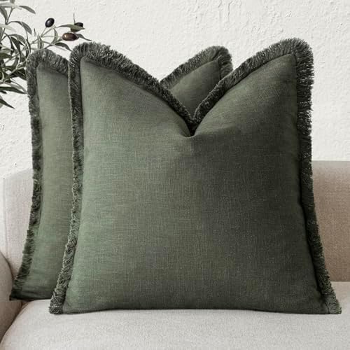 Foindtower Decorative Linen Fringe Throw Pillow Covers 26×26 Dark Green by Foindtower