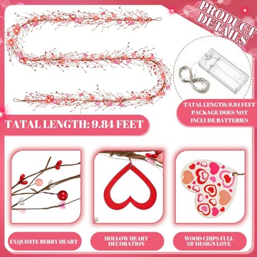 Thiccywoov 9.84 ft Valentine's Day Garland Valentines Day Wreath Decor Red Pink White Berry Heart Garland with LED Lights Artificial Vine for Valentines Wedding Anniversary Door Fireplace Home Decor - Image 3