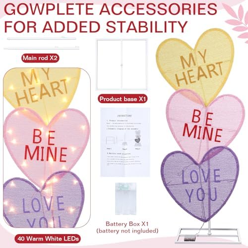 VIHOSE Valentine's Day Heart Lights 41 Inch H Pre-lit Lighted Heart Decor with 50 Warm White Lights Valentine's Day Conversation Candy Hearts Decoration for Indoor Outdoor Porch Garden Lawn (Vivid) - Image 2