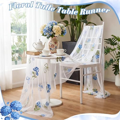 Mindsoft 3 Pcs Blue Hydrangea Floral Table Runner 10ft Gauze Embroidery Hydrangea Tulle Lace Summer Table Runner for Wedding Bridal Baby Shower Holiday Dining Decor DIY - Image 2