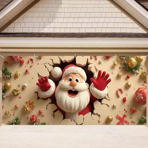 Santa Breaking Out Garage Door Banner 16x7 Ft - Interactive Frame Design for Double Car Garage Outdoor Indoor Holiday Decor by THISFIND