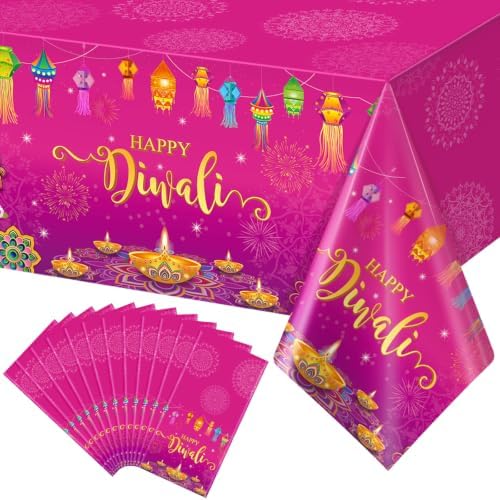 12 Pack Happy Diwali Disposable Tablecloth for Rectangle Tables 54×108 Inch by RAGNHILD