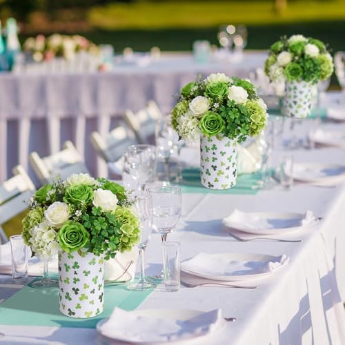 Remerry 6 Set 5 Inch St. Patrick's Day Clover Vase Table Centerpiece Shamrock Round Flower Box with Paper Removable Foam Green Clover Leaves Vase for Irish Wedding Holder Kitchen Home Party Decoration - Image 5