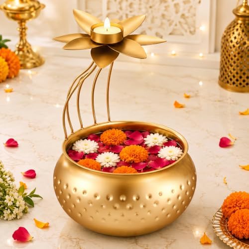 LemonRoad Diwali Urli Bowl with Lotus Tealight Candle Holder 10 Inch by Unknown