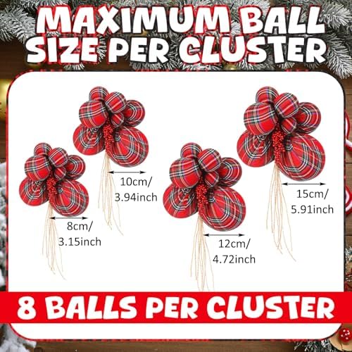 4 Set Large Tartan Plaid Christmas Ball Clusters Fabric Ball Ornament - Image 2
