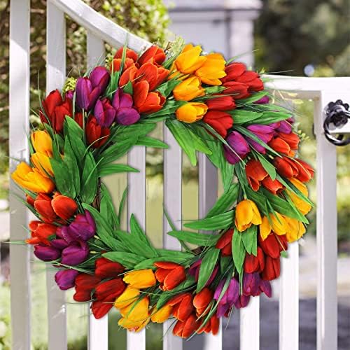 U'Artlines 20 Inch Tulip Wreath for Front Door, Spring Summer Silk Wreath - Image 6