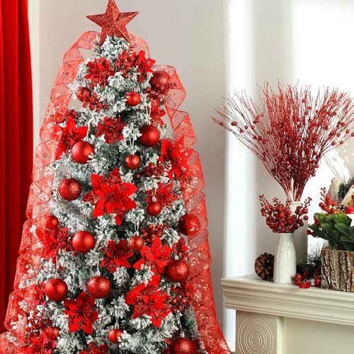 Realspring 72 Pieces Christmas Tree Ornament Set Xmas Assorted Decorations Bulk Glitter Poinsettia Berry Picks Topper Star Sequin Tree Skirts for Home Wreaths Holiday Party Favors (Red) - Image 4
