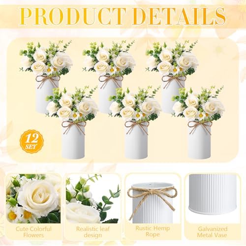 Domensi 12 Sets Wedding Centerpiece for Table Decoration Artificial Fake Rose Flowers with Metal Vase, Faux Silk Rose Bouquet Floral Arrangements for Bridal Shower Home Dining Party (White) - Image 4