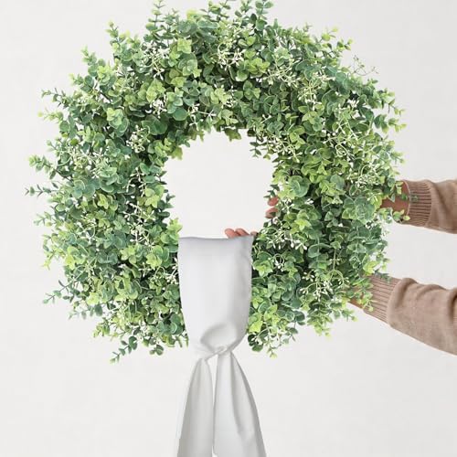 26" Artificial Eucalyptus Wreath with Sash for Front Door Decoration(Green) - Image 6