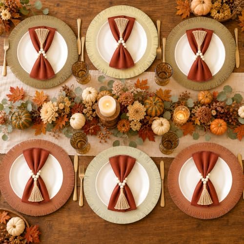 18 Piece 15 Inch Decorative Boho Table Placemats, 6 Set Round Braided Woven Place Mats in Brown Orange Beige White with Rust Napkins and Wood Bead Tassel Rings for Fall Thanksgiving Dining - Image 7