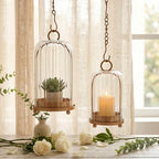 Vintage Brass Metal Candle Lantern with Ribbed Thick Glass Dome Set of 2 - Image 5