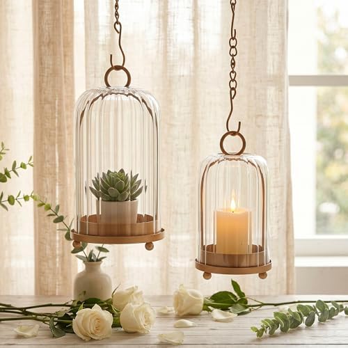 Vintage Brass Metal Candle Lantern with Ribbed Thick Glass Dome Set of 2 - Image 5