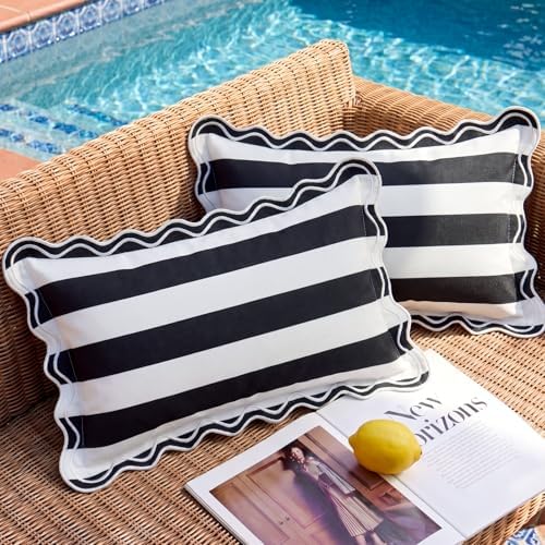 Black and White Striped Scalloped Outdoor Lumbar Pillow Covers 12x20 by JOJOGOGO