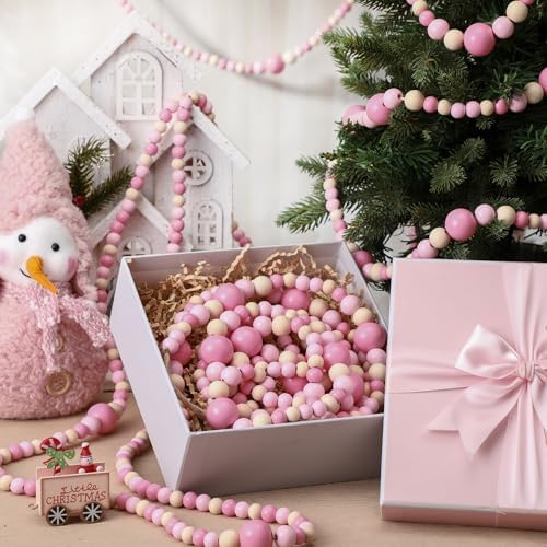 Bucherry 4 Pcs Christmas Wood Bead Garland 28.8 Feet, Pink, Natural - Image 3