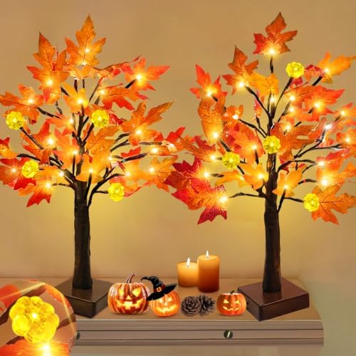 TURNMEON Fall Decor 2 Pack 24 Inch Prelit Fall Maple Tree 48 LEDs Timer by TURNMEON