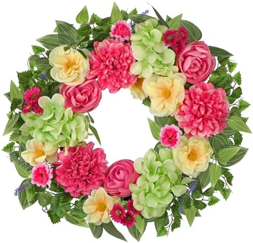 Briful Spring Floral Wreath for Front Door, 16in Artificial Hanging Wreath with Silk Flowers & Greenery Outdoor Flower Wreath for Home Porch Entryway Wall Decor by Briful