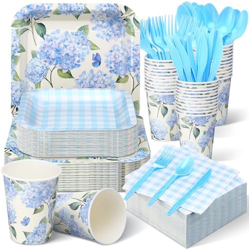 350 Pcs Hydrangea Floral Paper Plates and Napkins Set Disposable by Suttmin