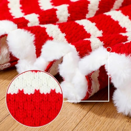 Soulchen 36 Inch Red White Crochet Christmas Tree Skirt with Pom Trim - Image 3